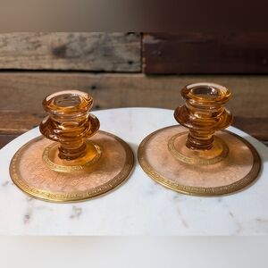 Vintage Pink Glass Pair of Candlesticks